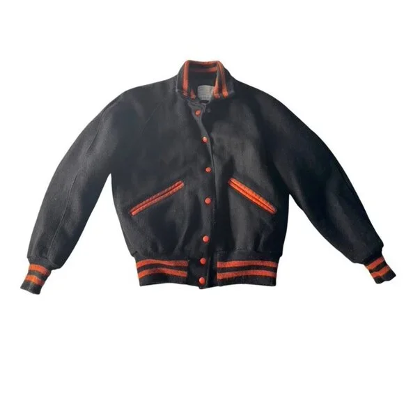 Vintage 90s DeLong Woman's Sz 36 (S) Varsity Bomber Jacket Black Orange Wool USA
